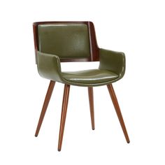 a green leather chair with wooden legs and armrests on an isolated white background