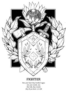 a black and white drawing of a coat of arms with the words fighter above it