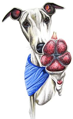 a drawing of a dog holding a heart shaped object in its paws and looking at the camera