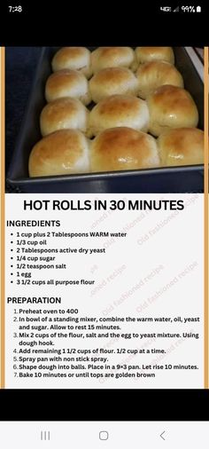 hot rolls in 30 minutes recipe on the app store's iphone screen, showing instructions for how to make them