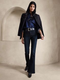 The Petite Flare Jean | Banana Republic Dark Flared Jeans Outfit, Flare Jean Outfit, Petite Flare Jeans, The Flare, Flair Jeans, Work Jeans, Banana Republic Jeans, Crop Blazer, Jean Trends