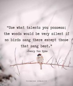 a bird sitting on top of a tree branch with a quote above it that reads, use what talent you posses the woods would be very silent if no birds sing there except those