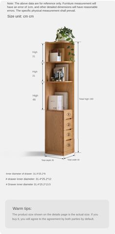 a tall wooden bookcase with drawers and shelves on it's sides, measurements for each shelf