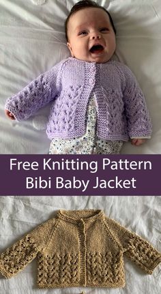 a baby wearing a knitted sweater with the words free knitting pattern bibi baby jacket