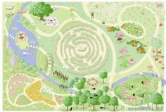 a garden map with animals and trees on it's sides, including an animal park