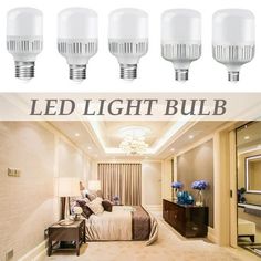 four different types of light bulbs in a bedroom