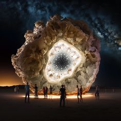 people standing in front of a large piece of art that looks like an eyeball