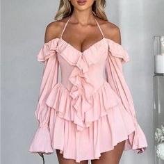 Super Cute And Stylish Ships In 5-10 Business Days Winter Mini Dresses, Flare Sleeve Dress, Ruffle Long Sleeve, Ruffle Mini Dress, Night Out Dress, Romper Dress, Pink Mini Dresses, Sleeved Romper, Long Sleeve Romper