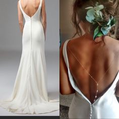 the back of a woman's wedding dress with flowers in her hair and behind it is a white gown