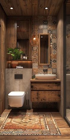 a bathroom with a toilet, sink and shower in the middle of wood paneled walls