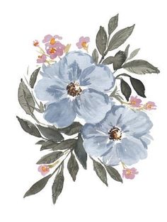 three blue flowers with green leaves on a white background