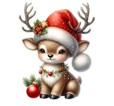 a cute little deer wearing a santa hat and holding a christmas ornament in its paws