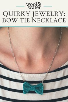 White neck with stripey top and green knitted Bow Tie Necklace. Quirky Jewelry, Spot It, Handmade Accessories