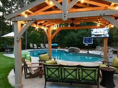 an outdoor patio with a pool and seating area for people to sit at the table