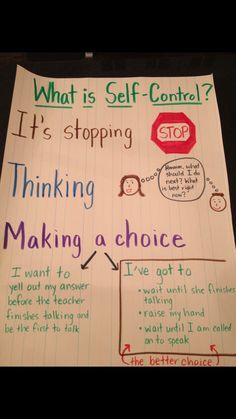 a piece of paper with writing on it that says, what is self - control? it's stopping thinking making a choice