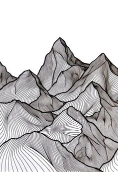 a black and white drawing of mountains with wavy lines on the mountain tops, viewed from below