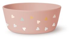 a pink bowl with hearts painted on it