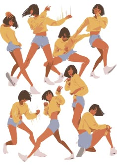 various poses of a woman in yellow shirt and blue shorts with her hands on her hips