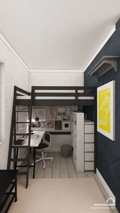 a loft bed with desk underneath and stairs to the second floor, in an apartment