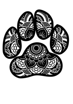 a black and white dog paw print with an intricate design on the front of it