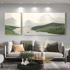 a living room with two paintings on the wall