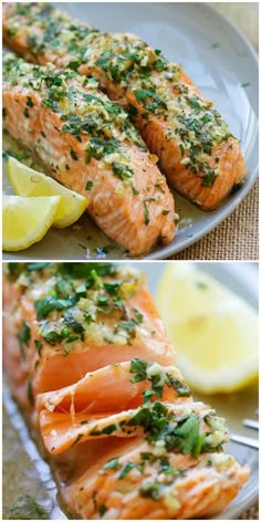 two plates with salmon and lemons on them, one is cooked and the other has herbs