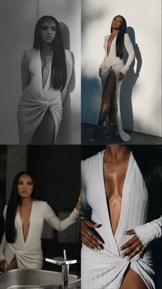 four different pictures of women in white outfits and one has her hands on her hips