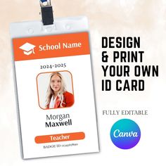 a school id card with an orange and white name tag on it, next to a photo of a female student