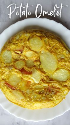 potato omelet on a white plate with text overlay