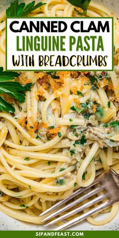 a white bowl filled with linguine pasta topped with breadcrumbs