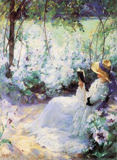 a painting of two people sitting on a bench in front of white flowers and trees