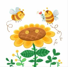 two bees flying over a sunflower and another bee sitting on top of the flower