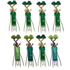 six different types of trees with green leaves and branches on their heads, in various poses