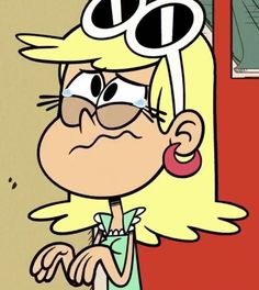 a cartoon character with large round glasses on her face