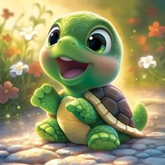 a cartoon turtle sitting on top of a stone ground with flowers in the background and smiling