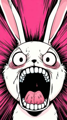 a cartoon bunny with its mouth open and it's tongue out, showing teeth