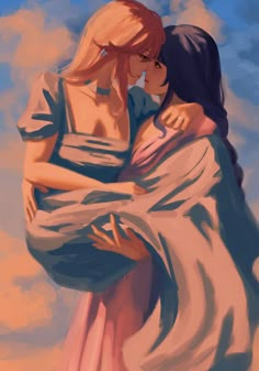 two women embracing each other in front of a blue and pink sky with clouds behind them