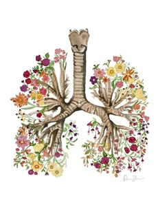 a drawing of the lungs with flowers on it