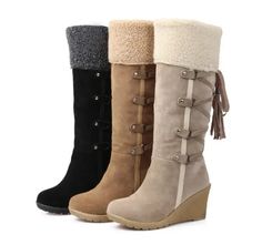 Aiweiyi Women Knee High Boots Wedge High Heels Shoes Knight Boots Warm Winter Boots Lady Shoes Black Yellow Fur Snow Boots Washington Outfits, Wedge Snow Boots, Knee High Wedge Boots, Hak Tinggi, Knee High Boots Winter, Punk Shoes, Snow Wear