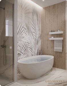 a white bath tub sitting inside of a bathroom next to a walk in shower stall