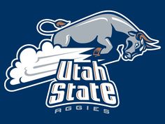 the utah state aggies logo is shown on a dark blue background with an image of a bull