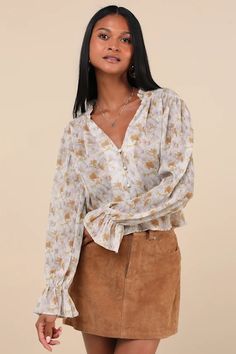 Taupe Abstract Top - Crinkle Button-Up Top - Long Sleeve Top - Lulus Mauve Top, Blouse With Long Sleeves, Fall Blouse, Boxy Top, Classy Casual, Beautiful Blouses, Crop Blouse, Cup Size, Button Placket