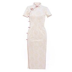 Tag Says L But Fits More Like A Small/Medium Short Sleeve Women’s Qipao Midi Length Cream Color With Red Detailing Red Fitted Summer Cheongsam, White Fitted Cheongsam With Short Sleeves, White Fitted Short Sleeve Cheongsam, White Cheongsam With Short Sleeves, White Fitted Cheongsam For Summer, Fitted White Cheongsam For Summer, Winter List, Traditional Chinese Dress, Jelly Shoes