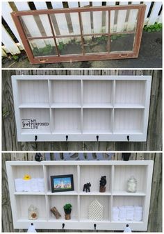 an old window is transformed into a bookcase with some paint and wood trimming