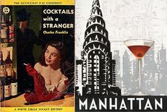 an advertisement for manhattan cocktails with a woman sitting at a bar in front of the empire building