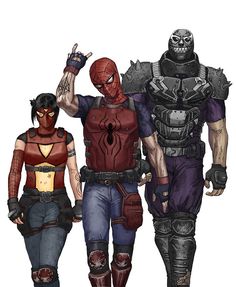 three characters from the video game deadpool, one in red and one in blue