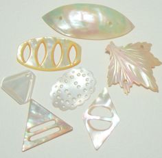 several different shapes and sizes of brooches on a white surface with some leaves