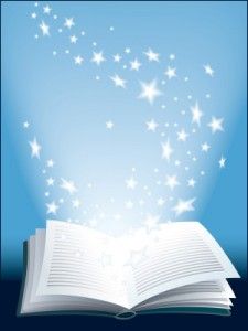 an open book with white stars coming out of it on a blue background, and the light is shining brightly