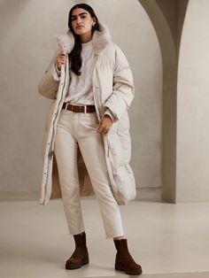 Lowri Puffer Coat | Banana Republic White Puffer Jacket Outfit, Puffer Coat Outfit, Puffer Outfit, Oversized Puffer Coat, White Puffer Jacket, Oversized Puffer, White Puffer, Arm Cuffs, Cozy Coats