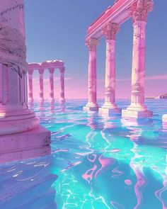 the water is crystal blue and has pink columns